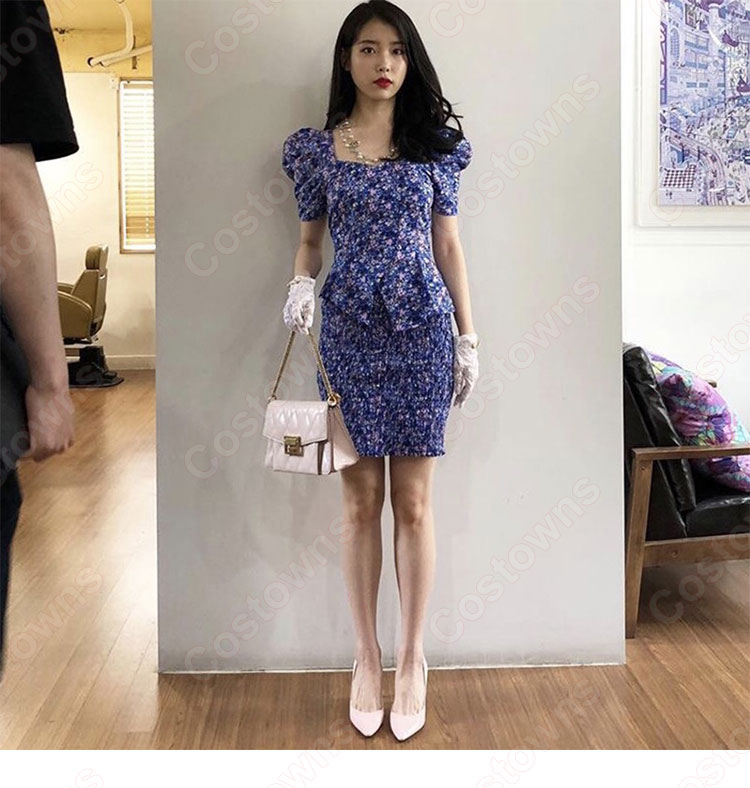 IU（アイユー）風 フローラルプリント シャツ(半袖 / スリムウエスト / スクエアカラー) ハーフスカート セットアップ 『ホテルデルーナ(호텔 델루나、Hotel Del Luna)』第7話 チャン・マンウォル コスチューム 変装・仮装・コスプレ衣装-1