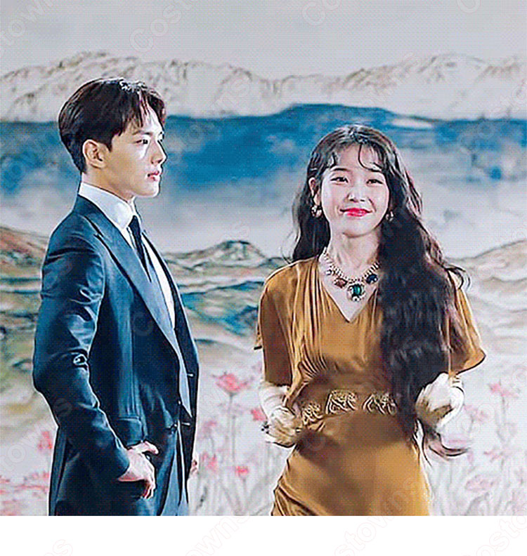 IU（アイユー）風 ワンピース Aラインスカート 半袖/Vネック/ハイウエスト/フリル 袖 『ホテルデルーナ(호텔 델루나、Hotel Del Luna)』第3話 チャン・マンウォル コスチューム 変装・仮装・コスプレ衣装-1