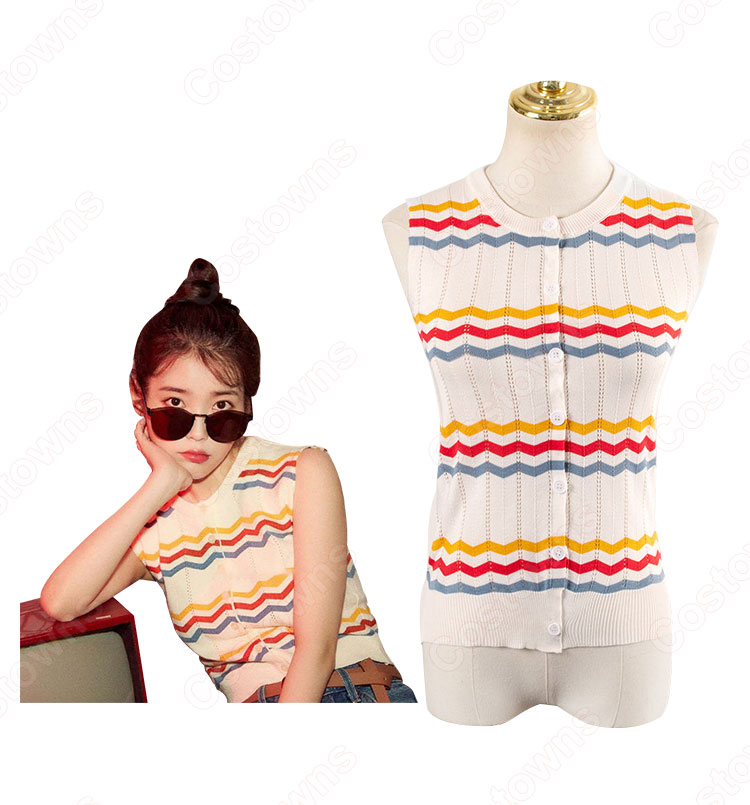 IU(アイユー)風 ストライプシャツ ニット・セーター(カーディガン / ノースリーブ )-2