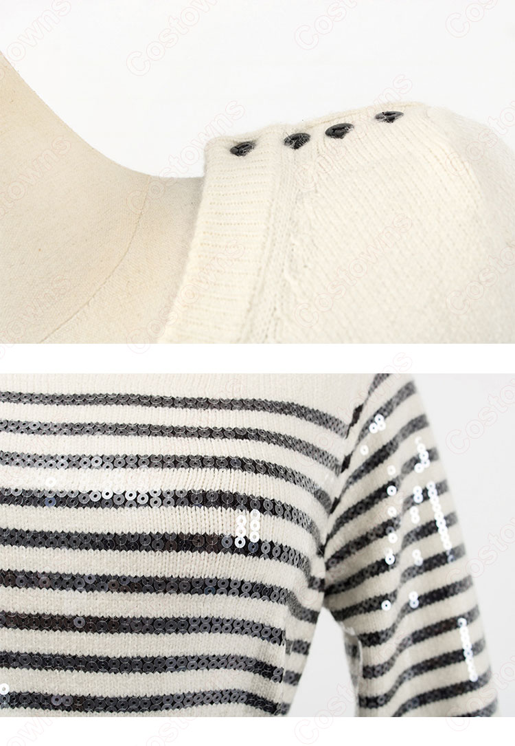 BLACKPINK(ブラックピンク) リサ(LISA) 風 セーター(長袖 / ボーダー柄) ハーフスカート(グレー)-6