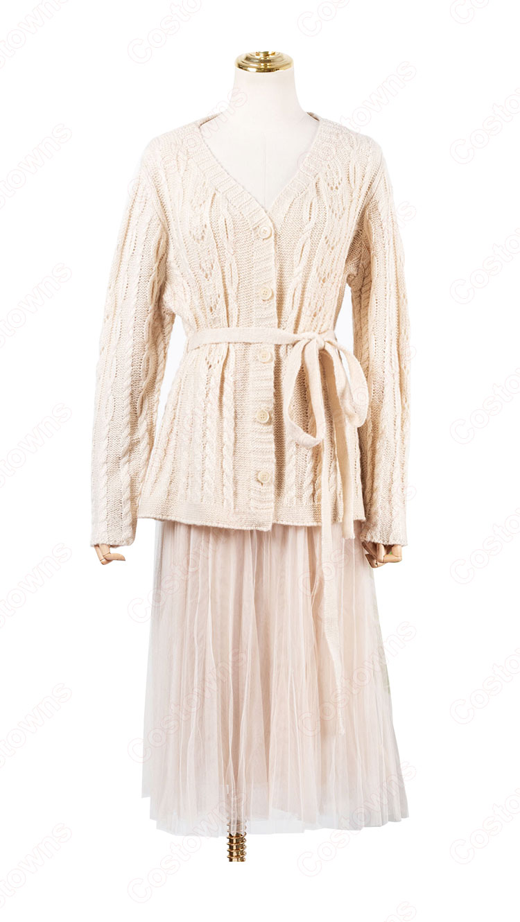 IU(アイユー)風 衣装 ニットシャツ(Vネック / 長袖 / クリーム) ミディスカート 2点セット-2