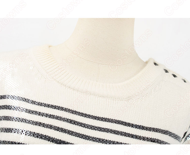 BLACKPINK(ブラックピンク) リサ(LISA) 風 セーター(長袖 / ボーダー柄) ハーフスカート(グレー)-5