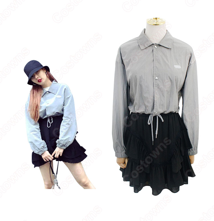 キム・ヒョナ（金泫雅、김현아、Kim Hyun Ah ）風 衣装 シャツ（グレー / シングルブレスト / 長袖 ） ケーキ スカート（ハイウエスト / 黑）-5
