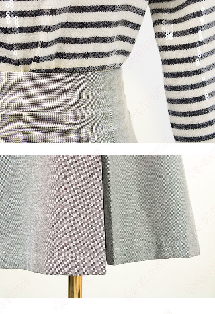 BLACKPINK(ブラックピンク) リサ(LISA) 風 セーター(長袖 / ボーダー柄) ハーフスカート(グレー)-10