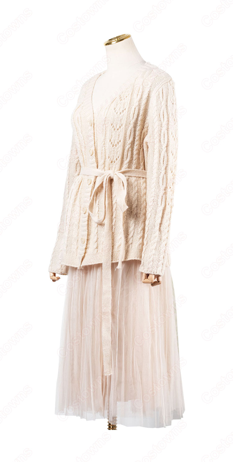 IU(アイユー)風 衣装 ニットシャツ(Vネック / 長袖 / クリーム) ミディスカート 2点セット-4