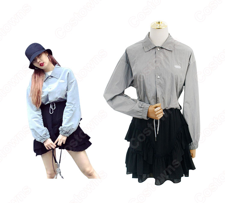 キム・ヒョナ（金泫雅、김현아、Kim Hyun Ah ）風 衣装 シャツ（グレー / シングルブレスト / 長袖 ） ケーキ スカート（ハイウエスト / 黑）-3