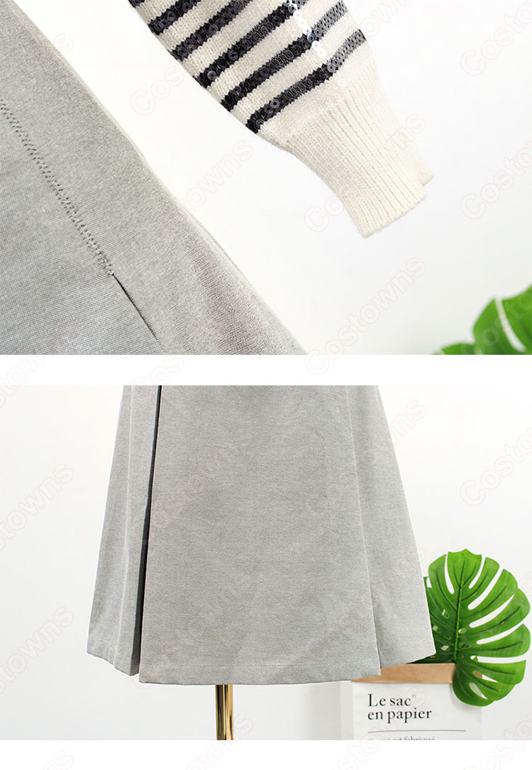 BLACKPINK(ブラックピンク) リサ(LISA) 風 セーター(長袖 / ボーダー柄) ハーフスカート(グレー)-8