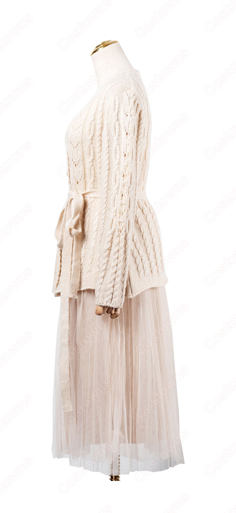 IU(アイユー)風 衣装 ニットシャツ(Vネック / 長袖 / クリーム) ミディスカート 2点セット-3