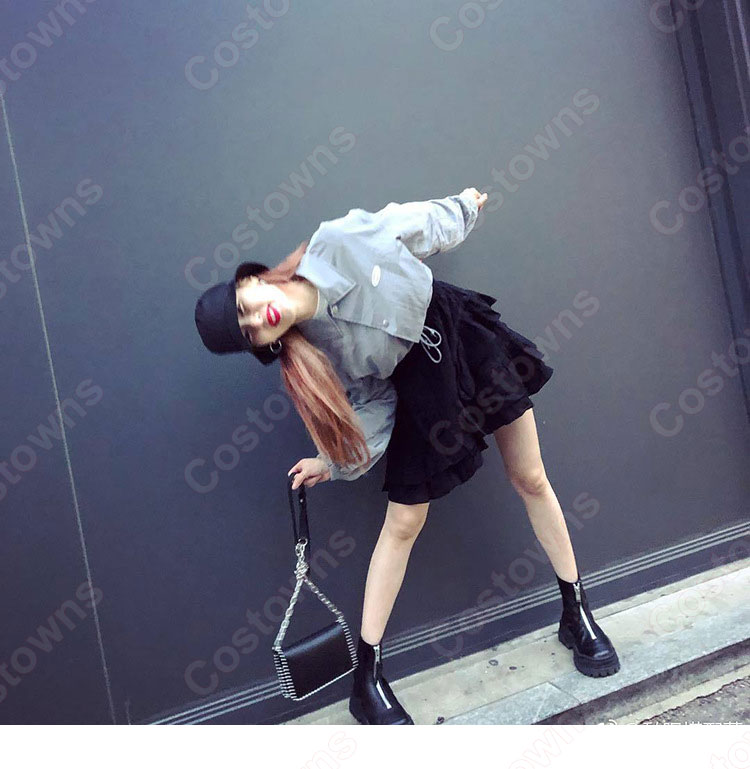 キム・ヒョナ（金泫雅、김현아、Kim Hyun Ah ）風 衣装 シャツ（グレー / シングルブレスト / 長袖 ） ケーキ スカート（ハイウエスト / 黑）-2