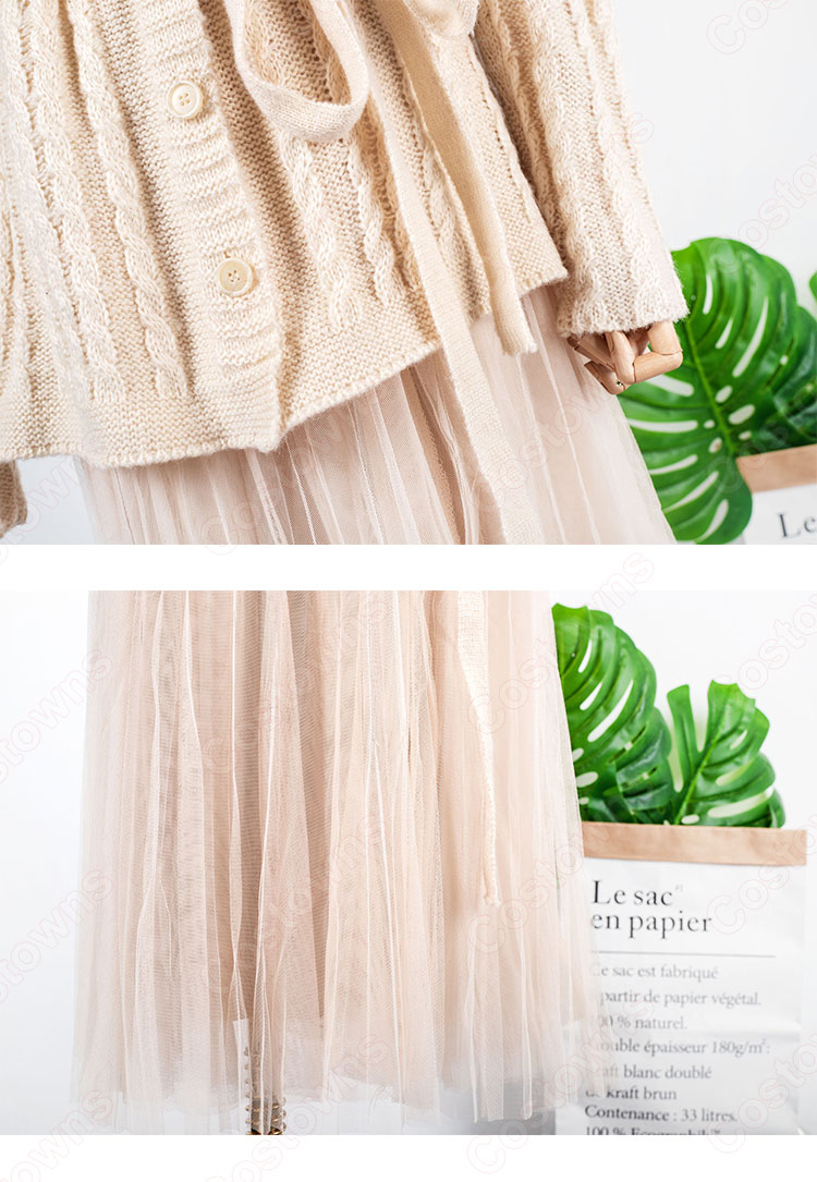 IU(アイユー)風 衣装 ニットシャツ(Vネック / 長袖 / クリーム) ミディスカート 2点セット-9