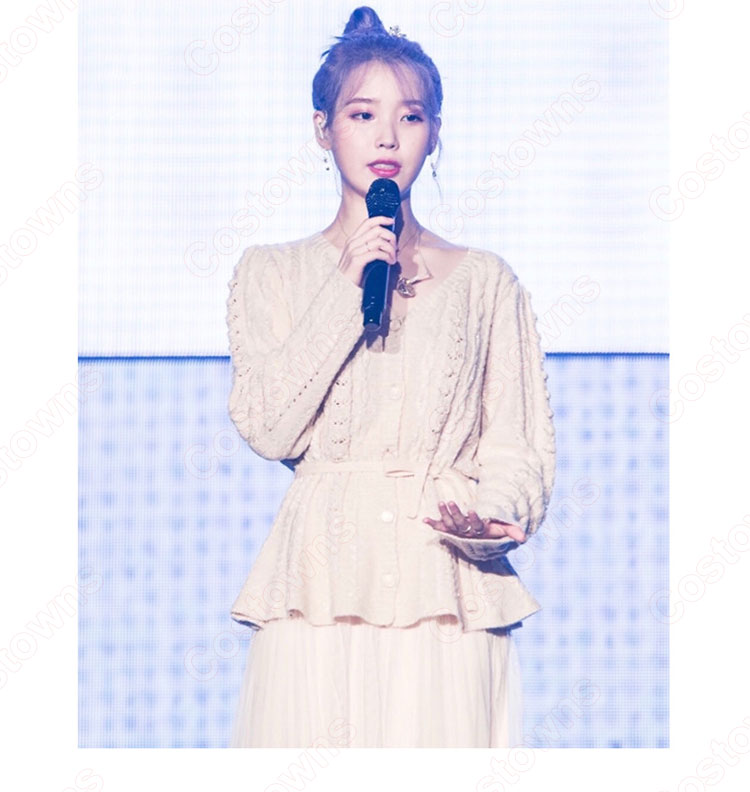 IU(アイユー)風 衣装 ニットシャツ(Vネック / 長袖 / クリーム) ミディスカート 2点セット-1