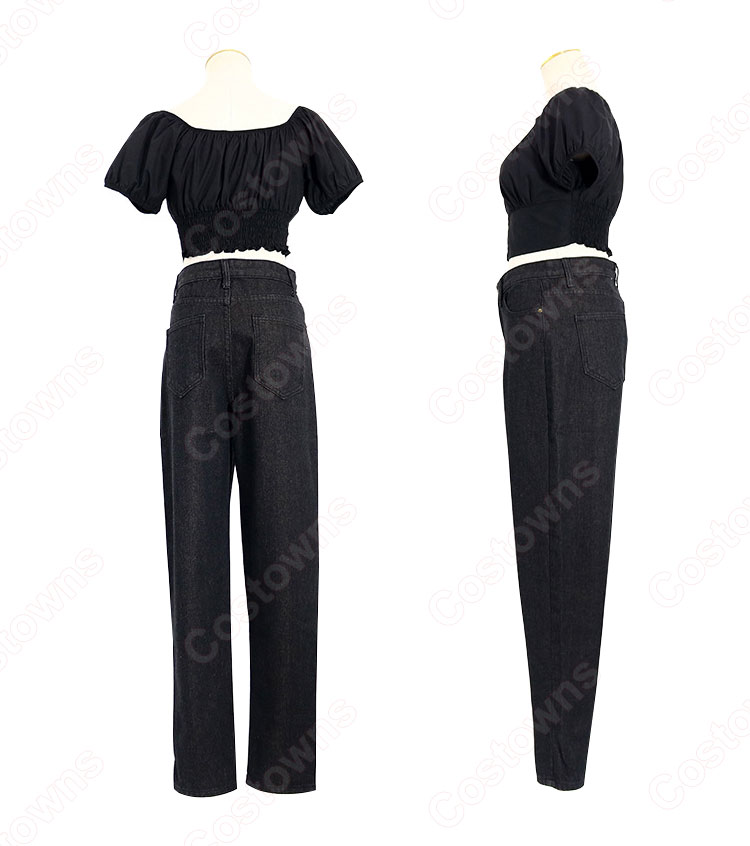 IU (アイユー)風 クロップ・トップ (黑 / ラウンド・ネック / 半袖)-3