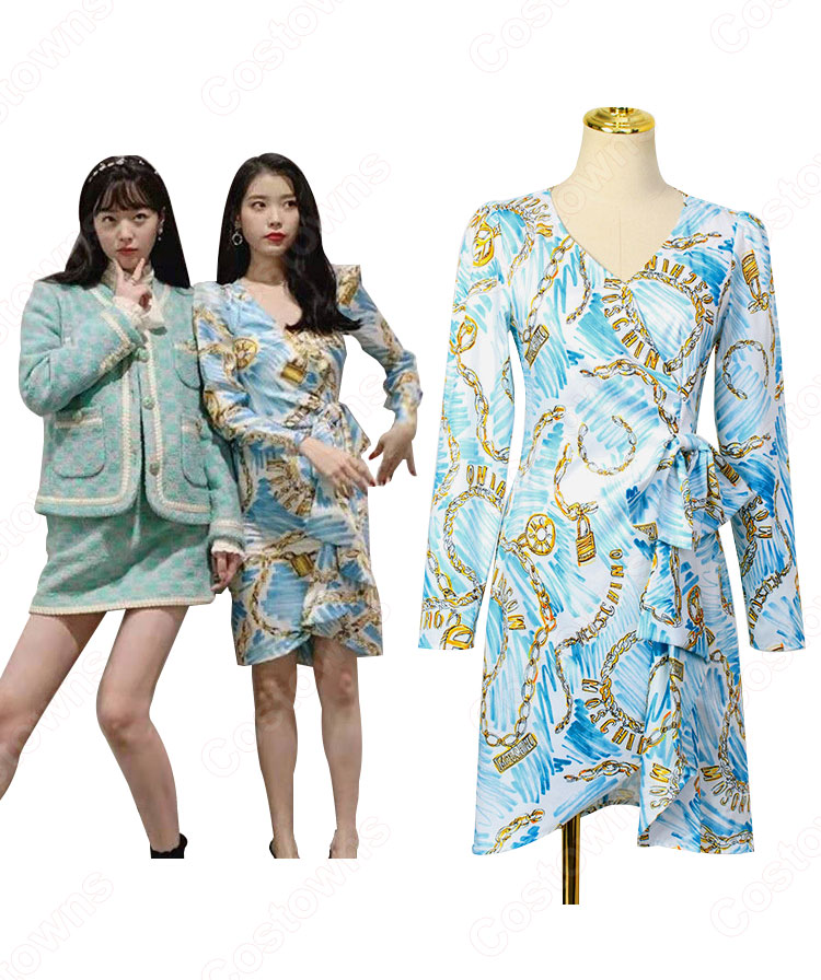 IU(アイユー)風 プリント ワンピース(Vネック / 長袖 / ハイウエスト / ロングスカート / 蝶結び) OL通勤 衣装 『ホテルデルーナ~月明かりの恋人~(호텔 델루나、Hotel Del Luna)』第11話 コスチューム 変装・仮装・コスプレ衣装-2