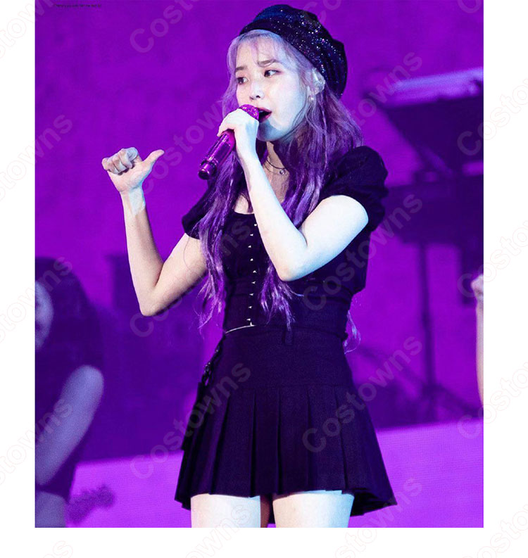 IU (アイユー)風 クロップ・トップ (黑 / ラウンド・ネック / 半袖)-1