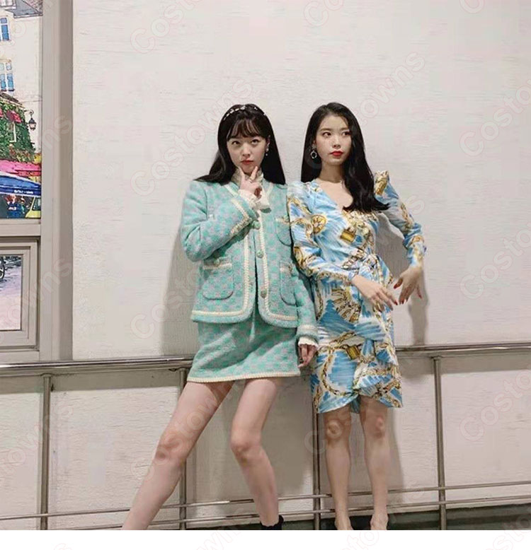 IU(アイユー)風 プリント ワンピース(Vネック / 長袖 / ハイウエスト / ロングスカート / 蝶結び) OL通勤 衣装 『ホテルデルーナ~月明かりの恋人~(호텔 델루나、Hotel Del Luna)』第11話 コスチューム 変装・仮装・コスプレ衣装-1