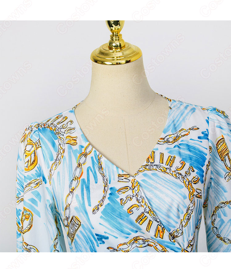 IU(アイユー)風 プリント ワンピース(Vネック / 長袖 / ハイウエスト / ロングスカート / 蝶結び) OL通勤 衣装 『ホテルデルーナ~月明かりの恋人~(호텔 델루나、Hotel Del Luna)』第11話 コスチューム 変装・仮装・コスプレ衣装-4