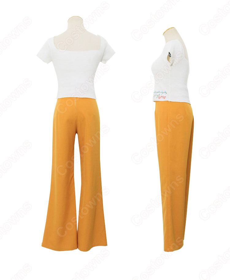 BLACKPINK(ブラック・ピンク) ロゼ(로제、 ROSÉ、ROSE)風 クロップ・トップ(半袖 / フラワープリント) フレアパンツ(イエロー)-3