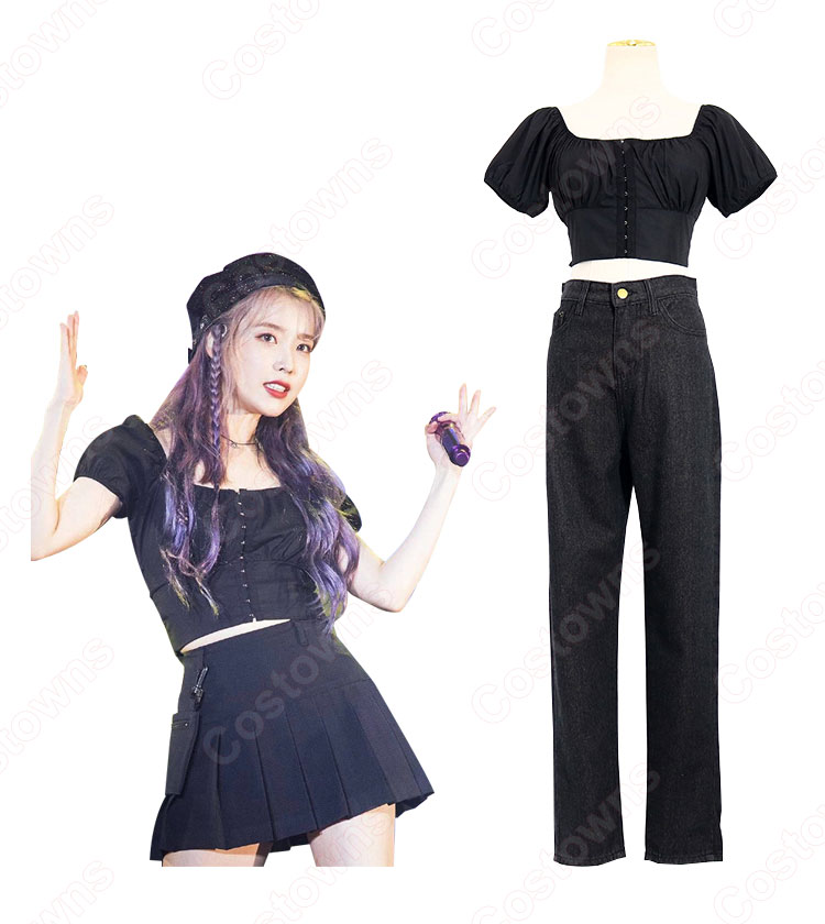 IU (アイユー)風 クロップ・トップ (黑 / ラウンド・ネック / 半袖)-2