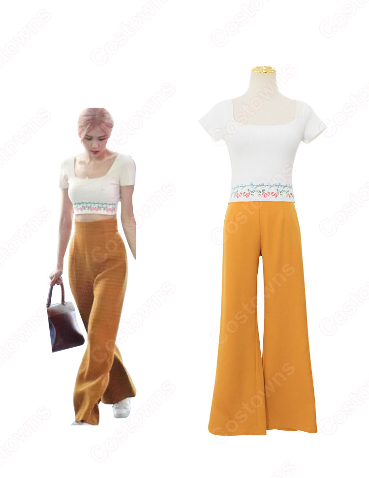 BLACKPINK(ブラック・ピンク) ロゼ(로제、 ROSÉ、ROSE)風 クロップ・トップ(半袖 / フラワープリント) フレアパンツ(イエロー)-2