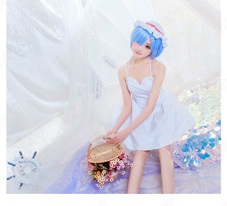 リゼロ ラム レム ワンピース 白 コスプレ衣装『Re:ゼロから始める異世界生活(りぜろからはじめるいせかいせいかつ)』 夏ノースリーブスリップドレス cosplay 仮装 変装-5