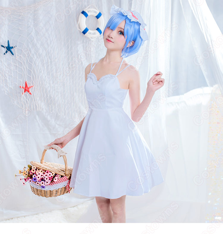 リゼロ ラム レム ワンピース 白 コスプレ衣装『Re:ゼロから始める異世界生活(りぜろからはじめるいせかいせいかつ)』 夏ノースリーブスリップドレス cosplay 仮装 変装-1