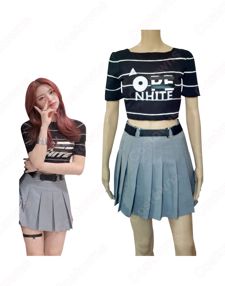 ユナ(YUNA)ジャズダンス衣装 ITZY ステージパフォーマンス同じ衣装 韓国 アイドル 仮装 ステージ 演出服 クロップドトップス プリーツスカート 2 ピースセット 女性用-5