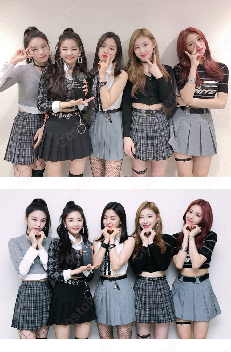 YEJI(イェジ) コスプレ衣装 『ITZY』ステージパフォーマンス同じ仮装 韓国 アイドルスタイル 長袖トップス セクシーなルースミニプリーツスカート 上下セット-1