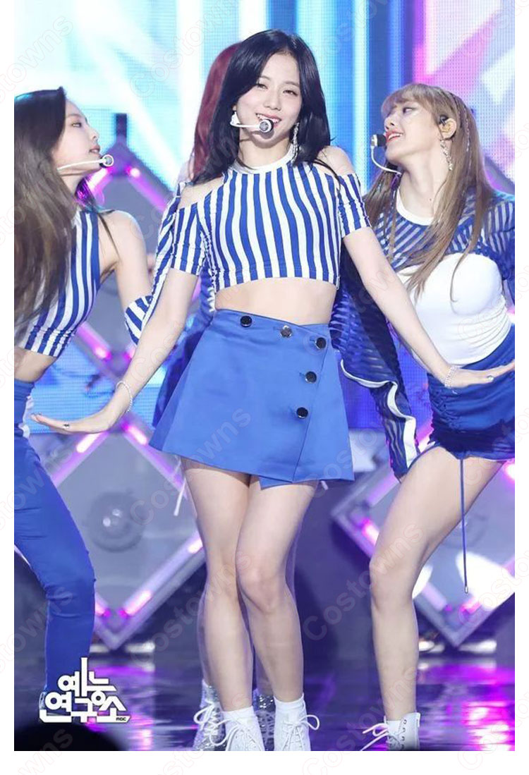 BLACKPINK JISOO ジャズダンス衣装『Forever Young』ジス MVダンス服 変装 韓国 アイドルスタイル衣装 セクシーな ステージ衣装 ジャズ団体服 日常着 へそ出し トップス スカート セット-3