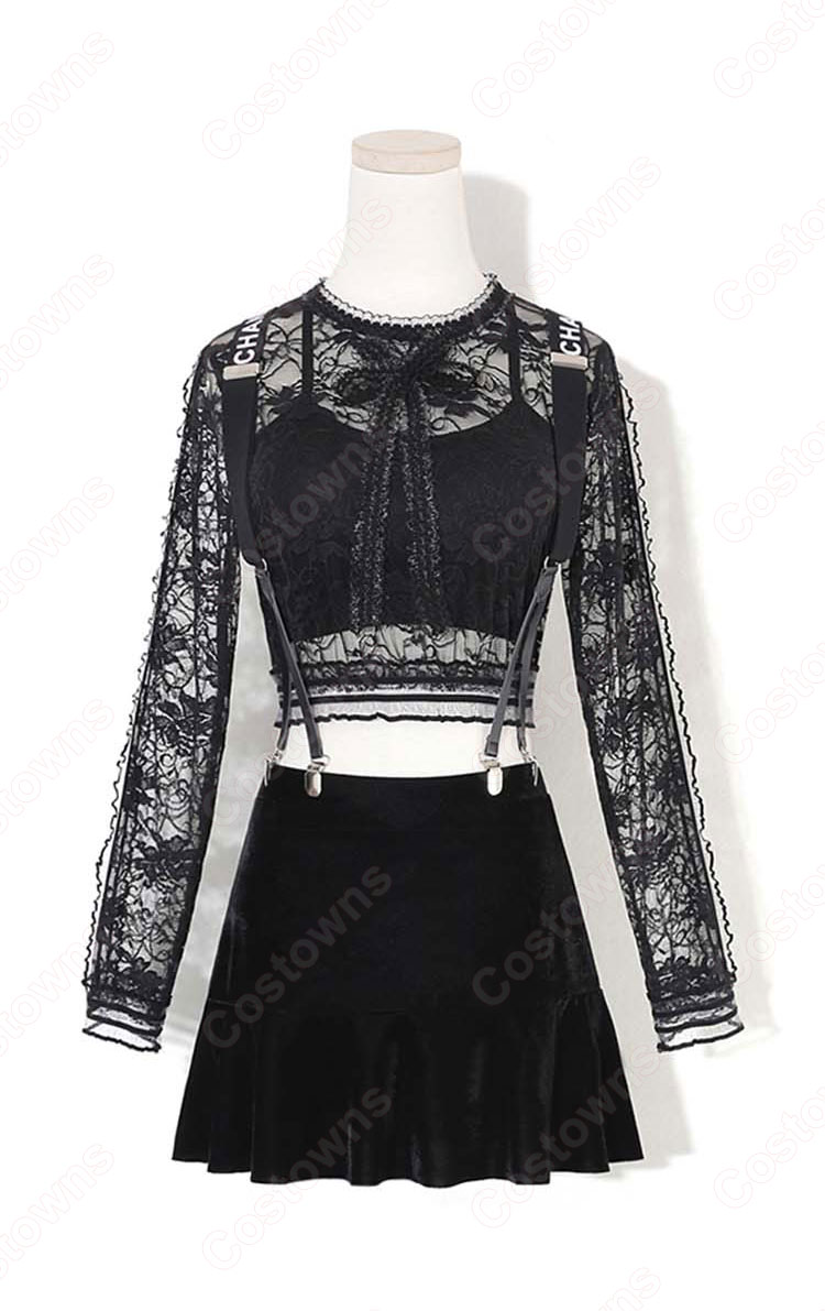 Jennie Kim(キム・ジェニ) ジャズダンス衣装 『BLACKPINK』So Hot ステージ衣装 韓国 アイドル 衣装 レース へそ出し 長袖 サロペットスカート セット セクシーな 社交ダンス 団体服 演出服-3