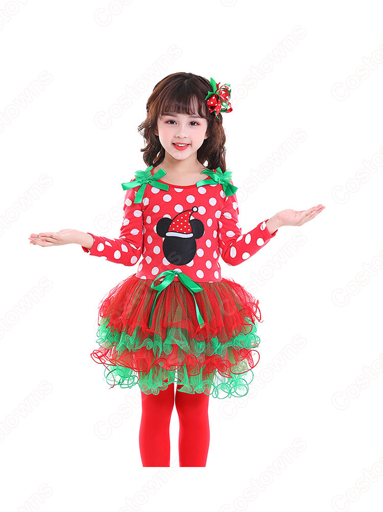 クリスマス衣装 子供 ドット柄 ワンピース サンタクロース コスプレ衣装 サンタドレス 可愛い 萌え テーマパーティー 衣装 - Costowns