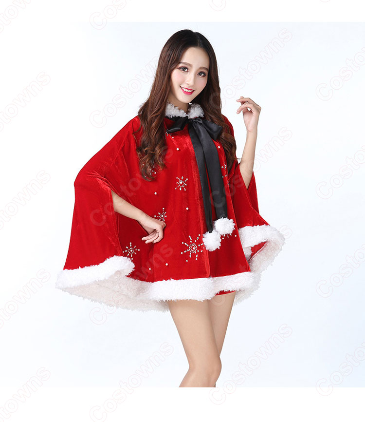 クリスマス衣装 サンタ衣装 クリスマスパーティー レディース 可愛い ポンチョ 雪ポイント柄 マント フード付き 大人 サンタクロース コスプレ衣装-3