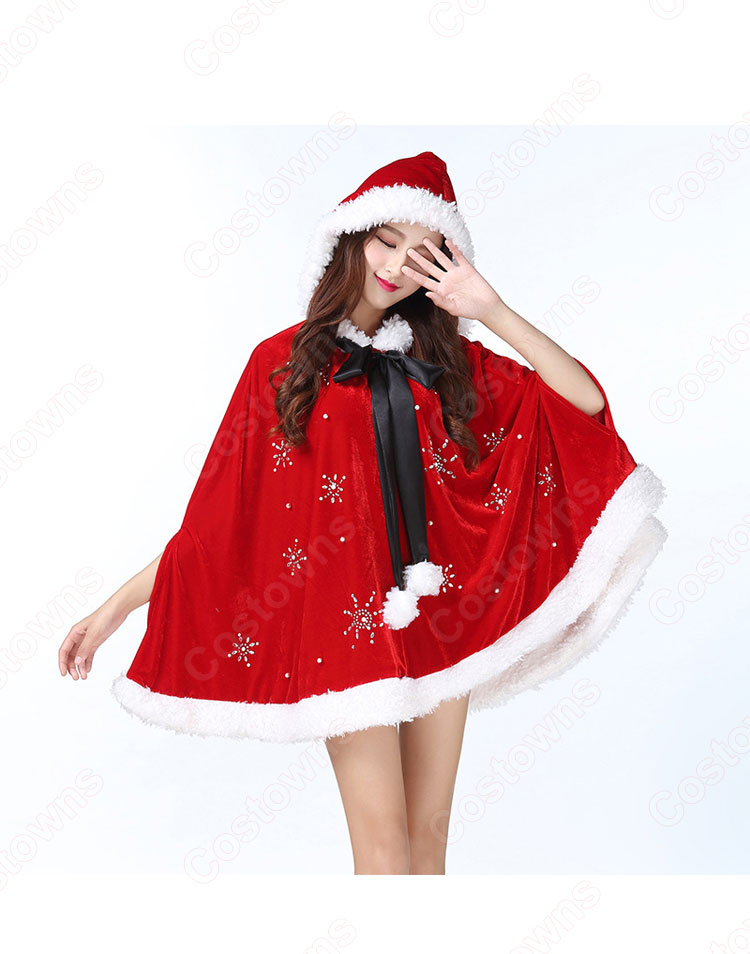 クリスマス衣装 サンタ衣装 クリスマスパーティー レディース 可愛い ポンチョ 雪ポイント柄 マント フード付き 大人 サンタクロース コスプレ衣装 Costowns