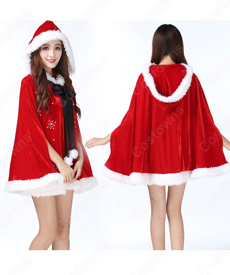 クリスマス衣装 サンタ衣装 クリスマスパーティー レディース 可愛い ポンチョ 雪ポイント柄 マント フード付き 大人 サンタクロース コスプレ衣装-5