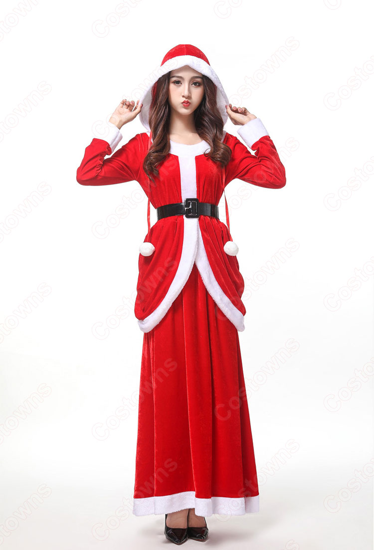 サンタクロース コスチューム レディース 2点セット フード付きワンピース ベルト 赤 クリスマス サンタコスプレ 可愛い コスプレ 女性 大人