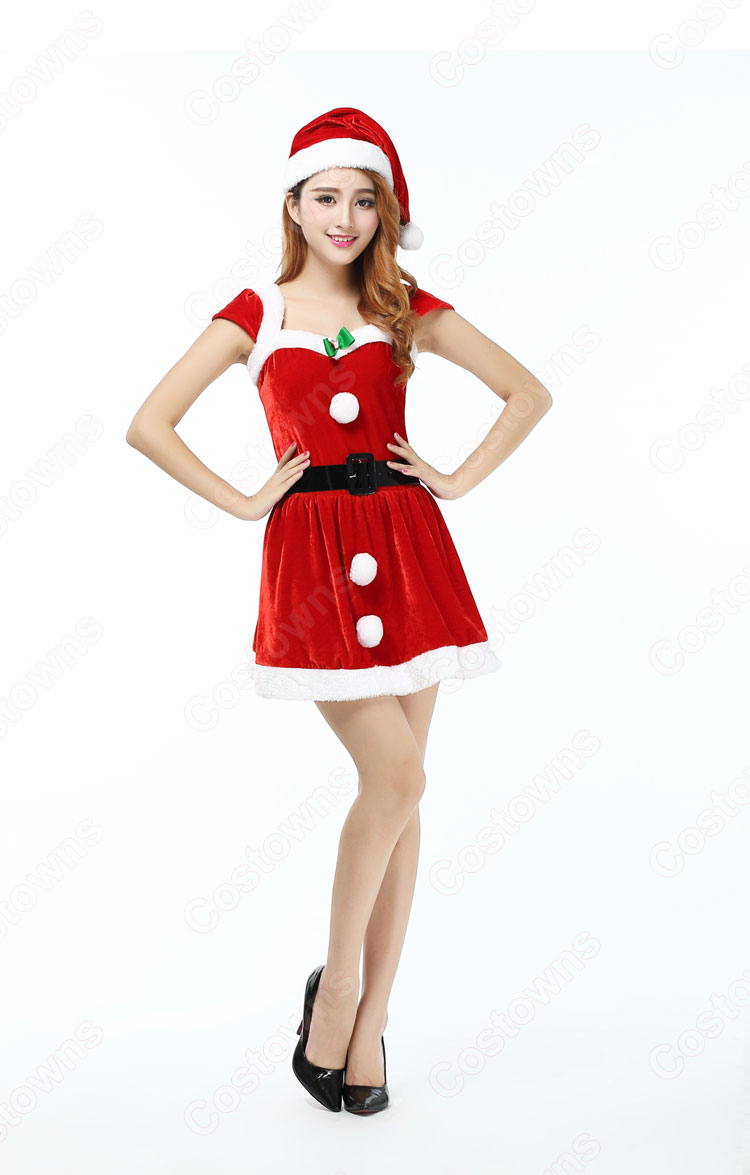 クリスマスパーティー衣装 ノースリーブ ワンピース レディース クリスマス コスプレ衣装 サンタ コスプレ パーティー ドレス 仮装 3点セット 【ワンピースベルト帽子】-2