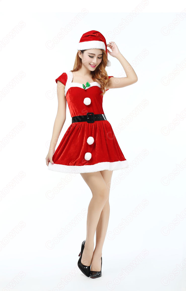 クリスマスパーティー衣装 ノースリーブ ワンピース レディース クリスマス コスプレ衣装 サンタ コスプレ パーティー ドレス 仮装 3点セット 【ワンピースベルト帽子】-4