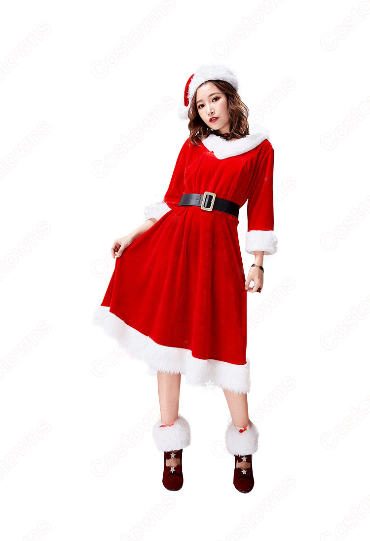 クリスマス衣装 クリスマスパーティー衣装 レディース Vネック 七分袖 ワンピース サンタ コスプレ衣装 コスチューム 大人用 女性用 仮装-2