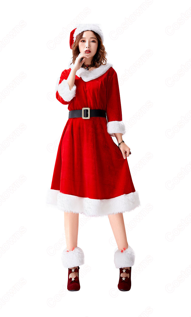 クリスマス衣装 クリスマスパーティー衣装 レディース Vネック 七分袖 ワンピース サンタ コスプレ衣装 コスチューム 大人用 女性用 仮装  Costowns