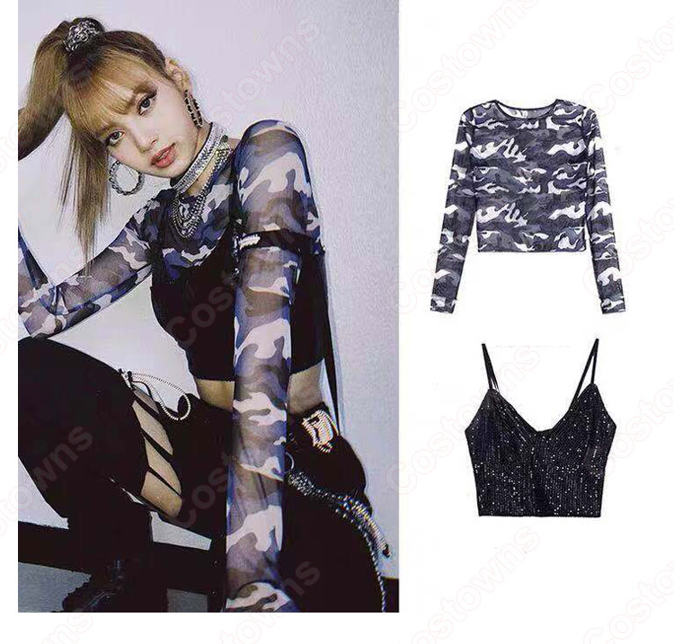 LISA(リサ) ジャズダンス衣装 ブラック カットアウト ヒップホップ カーゴパンツ BLACKPINK 韓国 アイドルスタイル 演出服-4