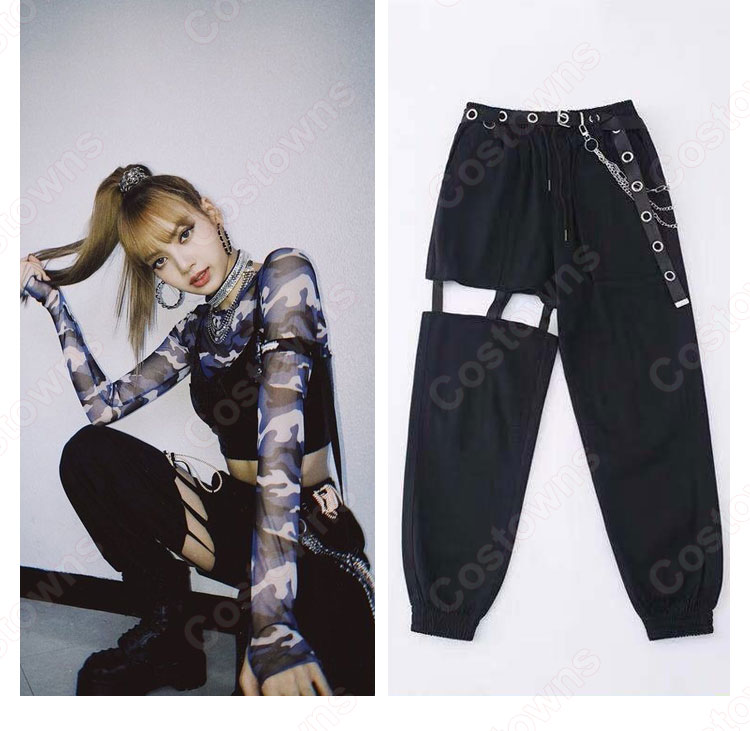 LISA(リサ) ジャズダンス衣装 ブラック カットアウト ヒップホップ カーゴパンツ BLACKPINK 韓国 アイドルスタイル 演出服-2