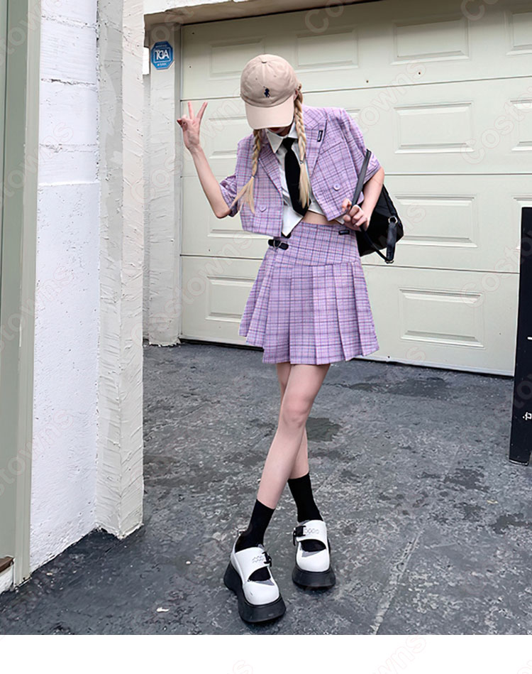 大人ダンス衣装 レディース ジャズダンス衣装 日常服 韓国風 演出服 スーツ (半袖上着(チェック柄) プリーツスカート(チェック柄) クロップ・トップ )-5