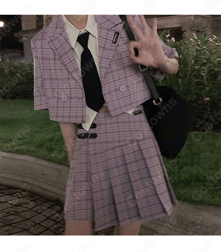 大人ダンス衣装 レディース ジャズダンス衣装 日常服 韓国風 演出服 スーツ (半袖上着(チェック柄) プリーツスカート(チェック柄) クロップ・トップ )-3