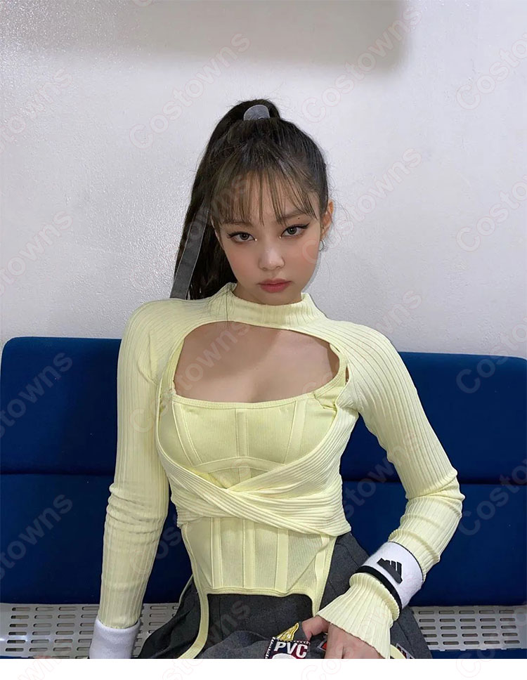 JENNIE(ジェニー) 「Pretty Savage(プリティサベージ) 」 リブデザイン カットアウト クロップドトップス ジャズダンス衣装 ライブ衣装 BLACKPINK（ブラックピンク） 長袖 演出服 韓国 アイドルスタイル ステージ衣装 イエロー 黒 全2色-3