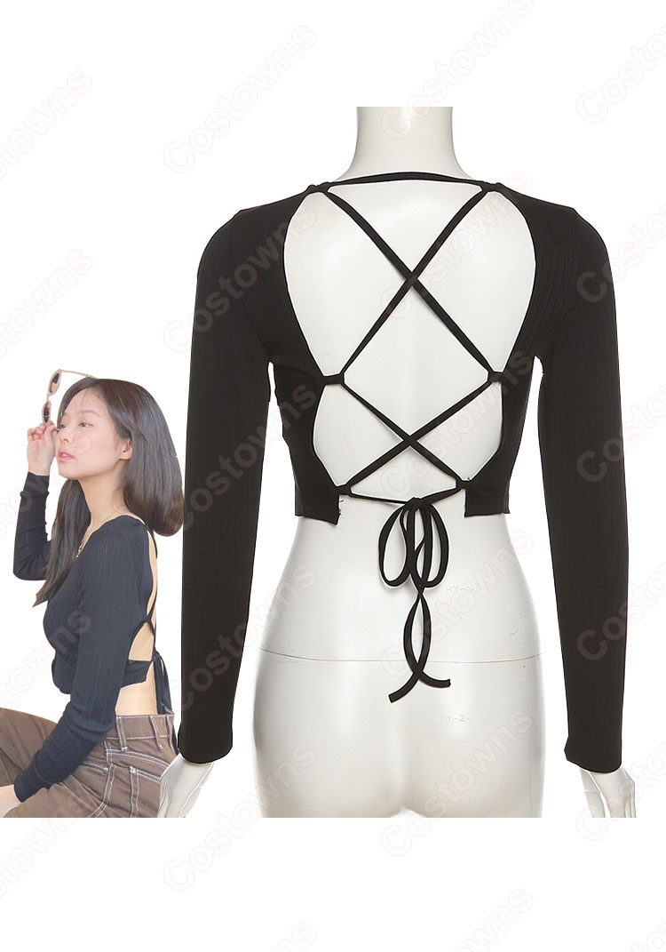 Jennie Kim(キム・ジェニ) グッズ衣装 『BLACKPINK』韓国ガールズグループ アイドル Vネック 長袖 へそ出し セクシーな 長袖 社交ダンス 団体服 演出服-7