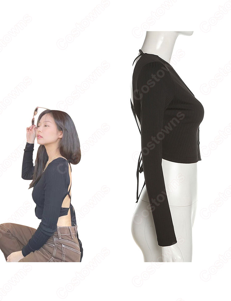 Jennie Kim(キム・ジェニ) グッズ衣装 『BLACKPINK』韓国ガールズグループ アイドル Vネック 長袖 へそ出し セクシーな 長袖 社交ダンス 団体服 演出服-6