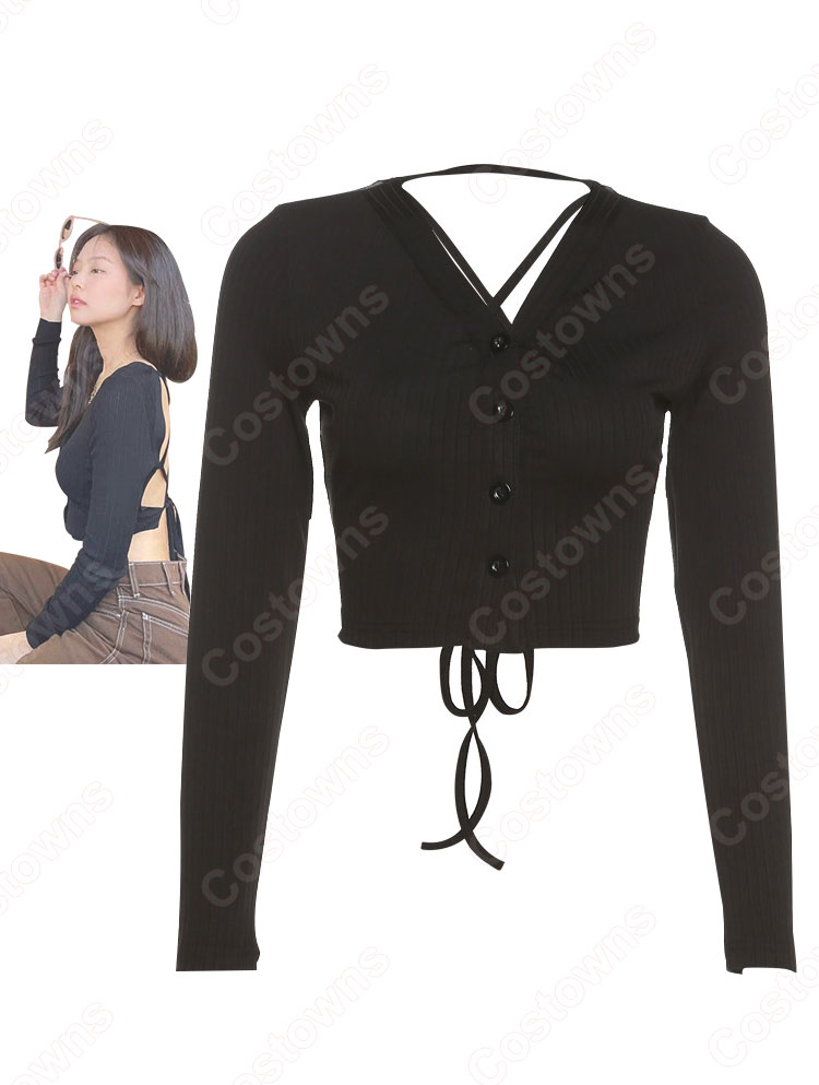 Jennie Kim(キム・ジェニ) グッズ衣装 『BLACKPINK』韓国ガールズグループ アイドル Vネック 長袖 へそ出し セクシーな 長袖 社交ダンス 団体服 演出服-4