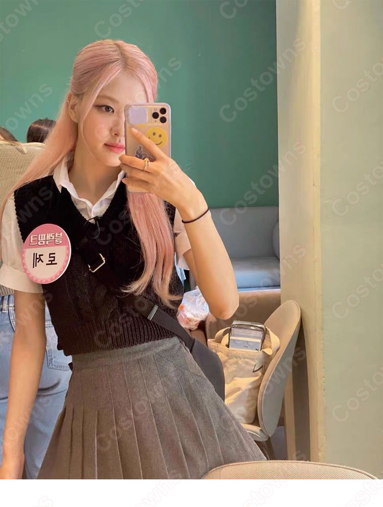 ROSE（ロゼ） 学園風 アイドル 衣装 Knowing Bros 演出服『BLACKPINK』ステージ衣装 可愛い 制服 学生服 日常着 学園祭  文化祭 仮装 おすすめ ベスト シャツ スカート 3点セット - Costowns