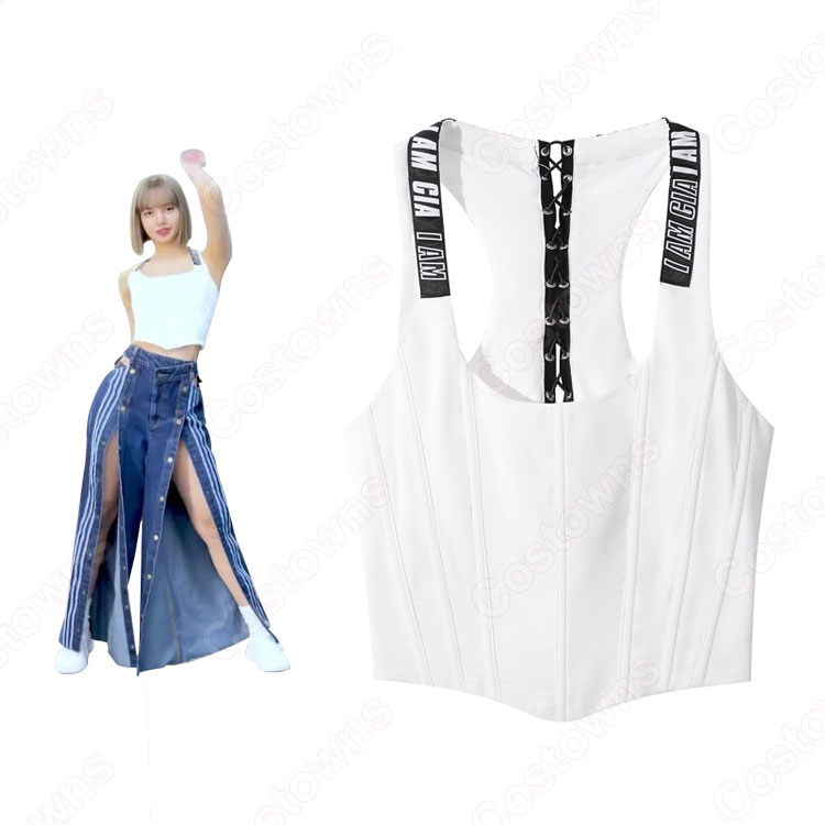 LISA(リサ) ジャズダンス衣装 サイドラインボタン ジーンズ 白スリムフィット タンクトップ ステージ衣装 韓国 アイドル BLACKPINK(ブラックピンク) 演出服 ヒップホップジーンズ-4