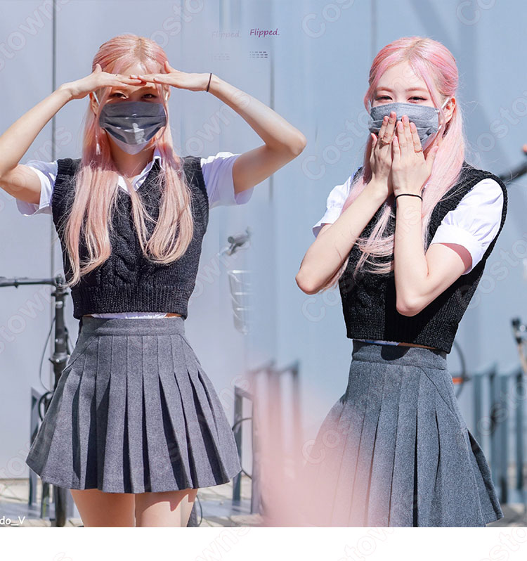 ROSE(ロゼ)学園風 演出服『BLACKPINK』Knowing Bros ステージ衣装 韓国 アイドル 衣装 通学 女子校生 制服 可愛い 仮装 団体服 Vネック 黒ベスト 白シャツ プリーツスカート 3点セット-2
