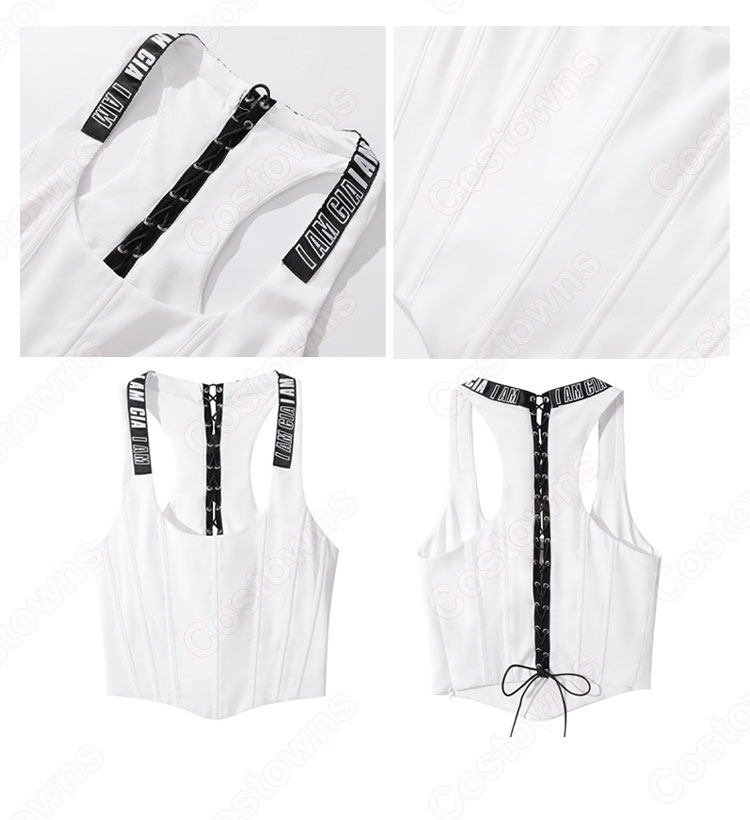 LISA(リサ) ジャズダンス衣装 サイドラインボタン ジーンズ 白スリムフィット タンクトップ ステージ衣装 韓国 アイドル BLACKPINK(ブラックピンク) 演出服 ヒップホップジーンズ-5